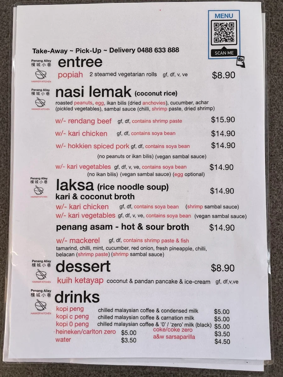 Menu, Penang Alley