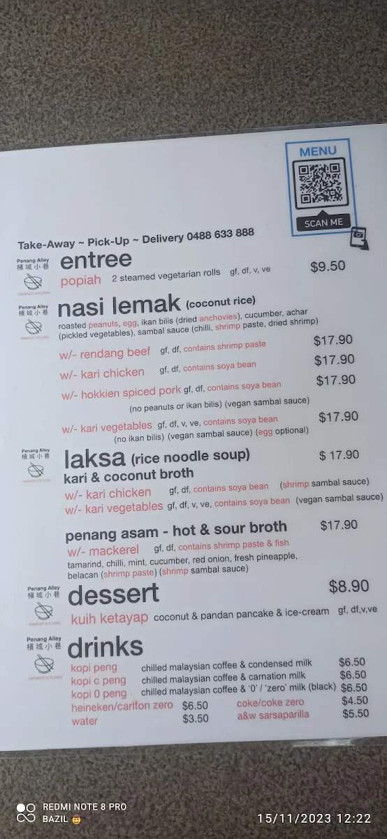 Menu, Penang Alley