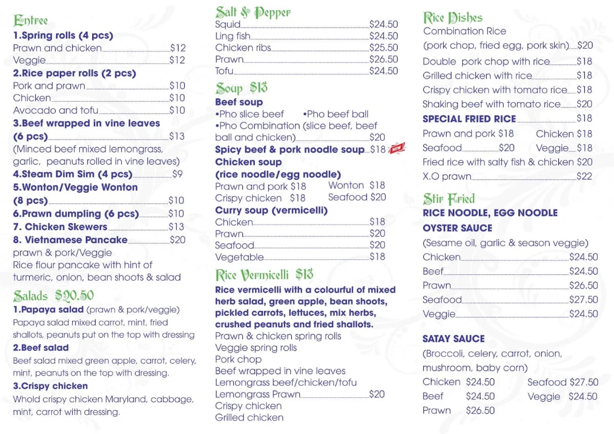 Menu, Pho Thao