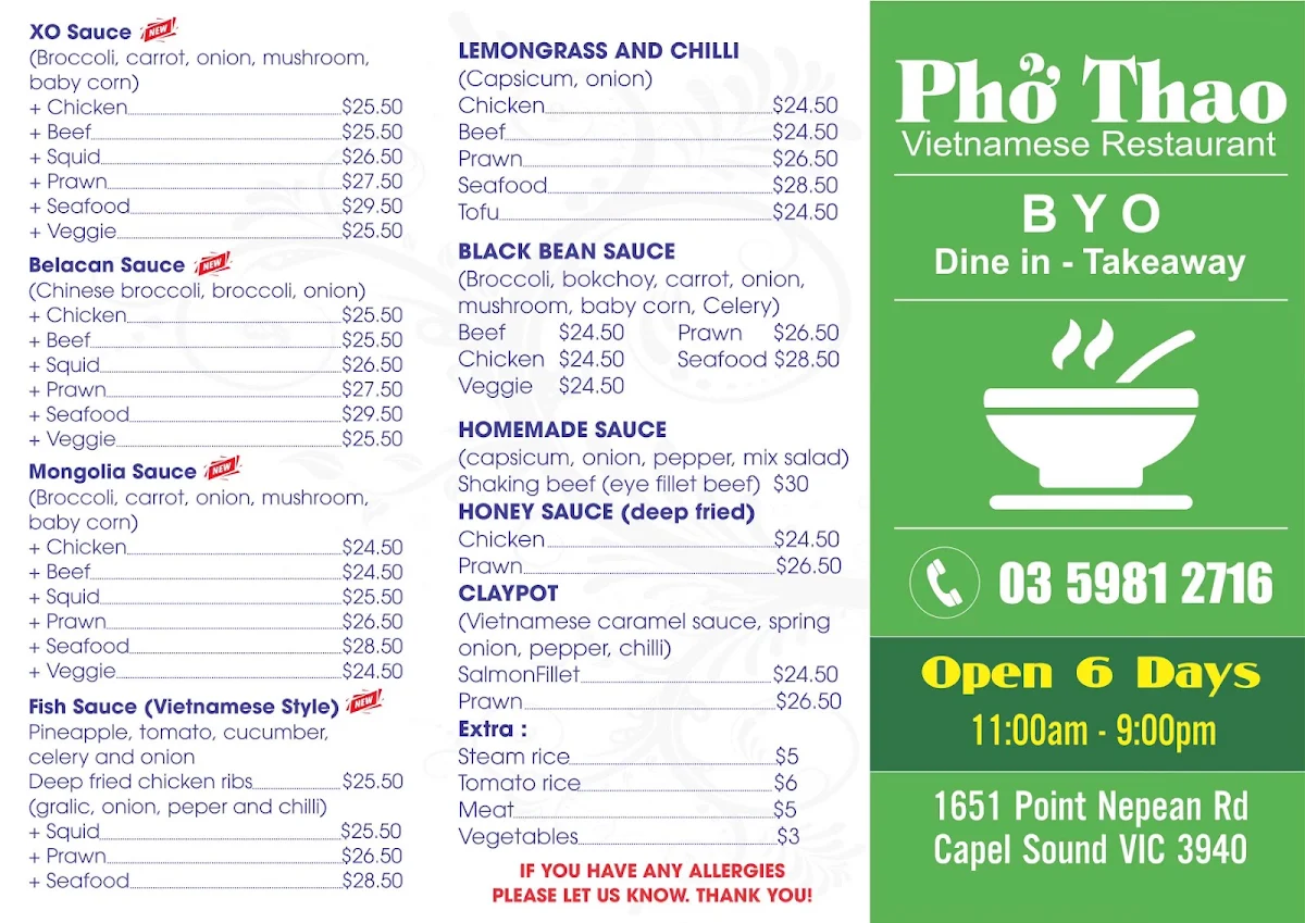 Menu, Pho Thao