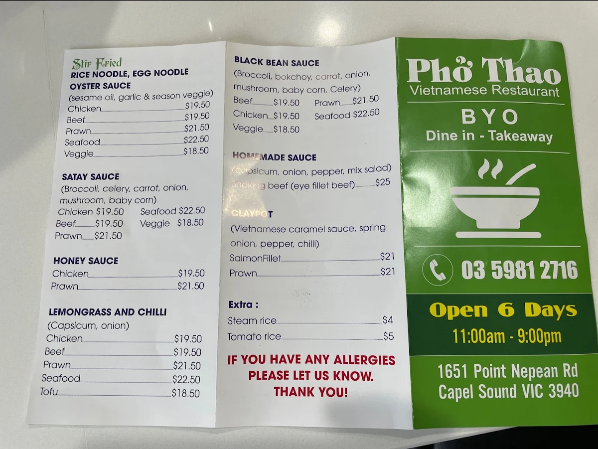 Menu, Pho Thao