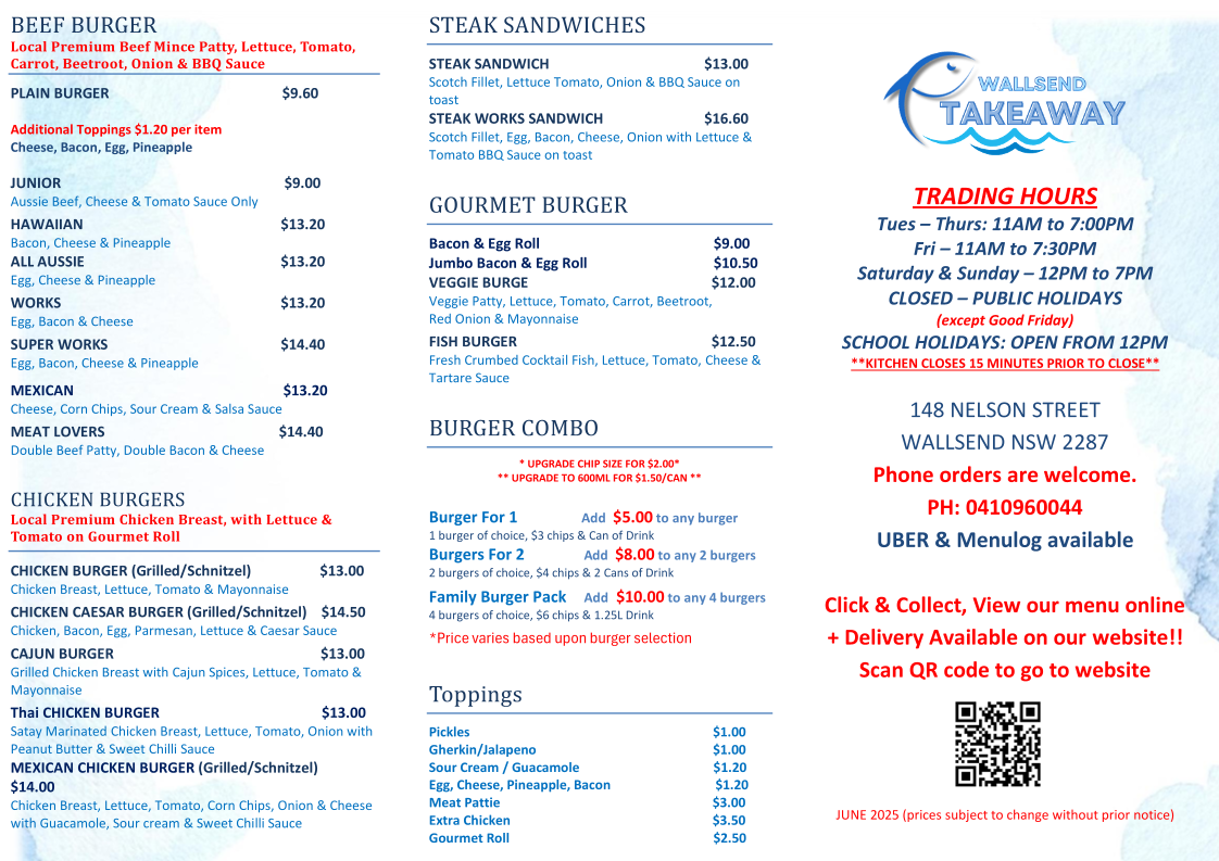Menu, Wallsend Seafood & Takeaway