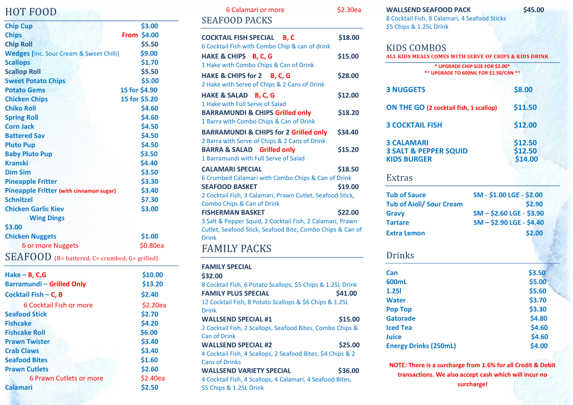 Menu, Wallsend Seafood & Takeaway