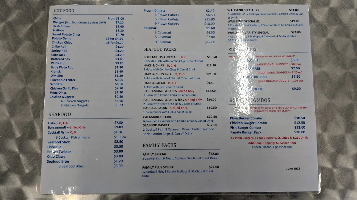 Menu, Wallsend Seafood & Takeaway