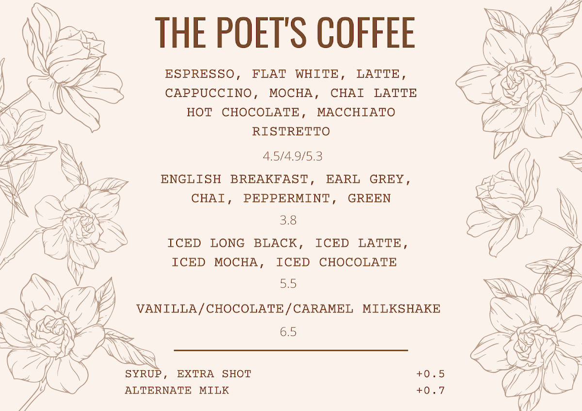 Menu, The Poet's Coffee & Tea
