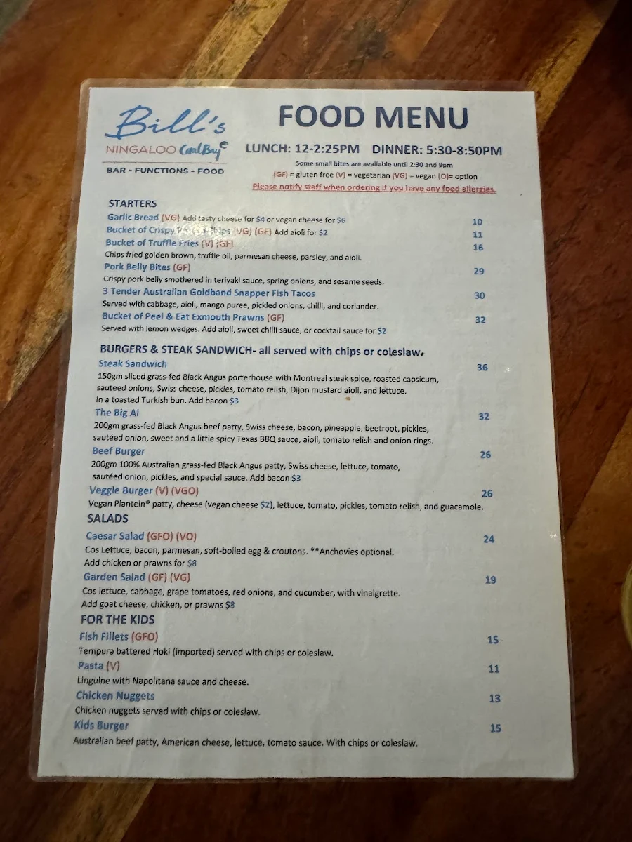 Menu, Bill's Bar