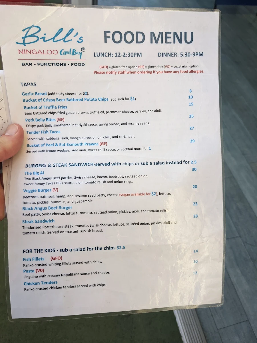 Menu, Bill's Bar