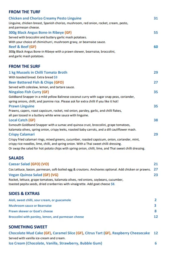Menu, Bill's Bar
