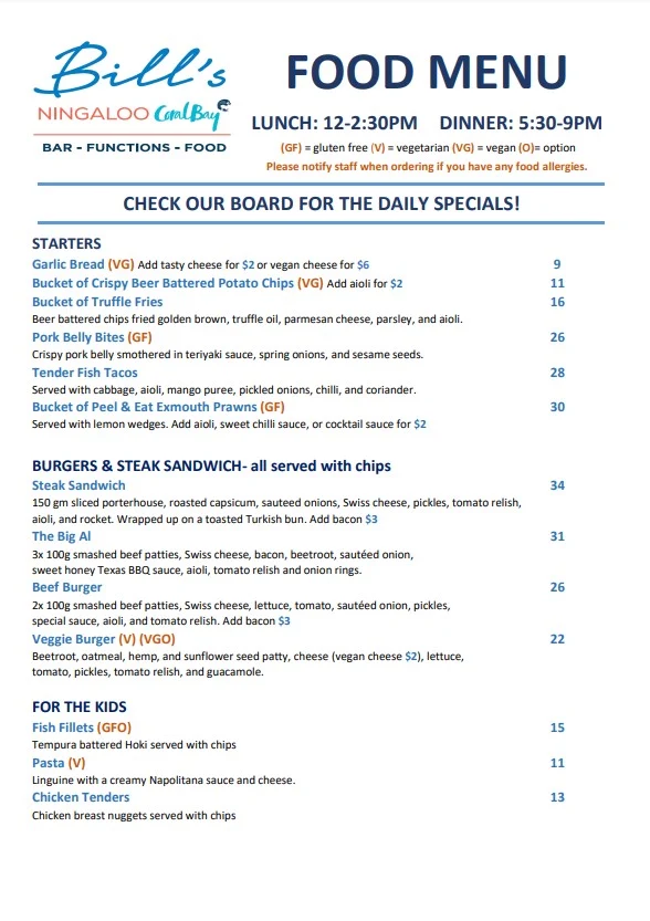 Menu, Bill's Bar