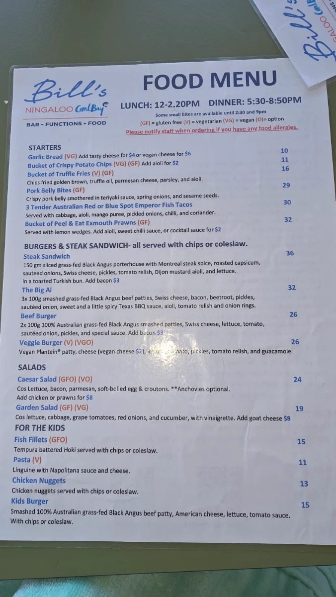 Menu, Bill's Bar
