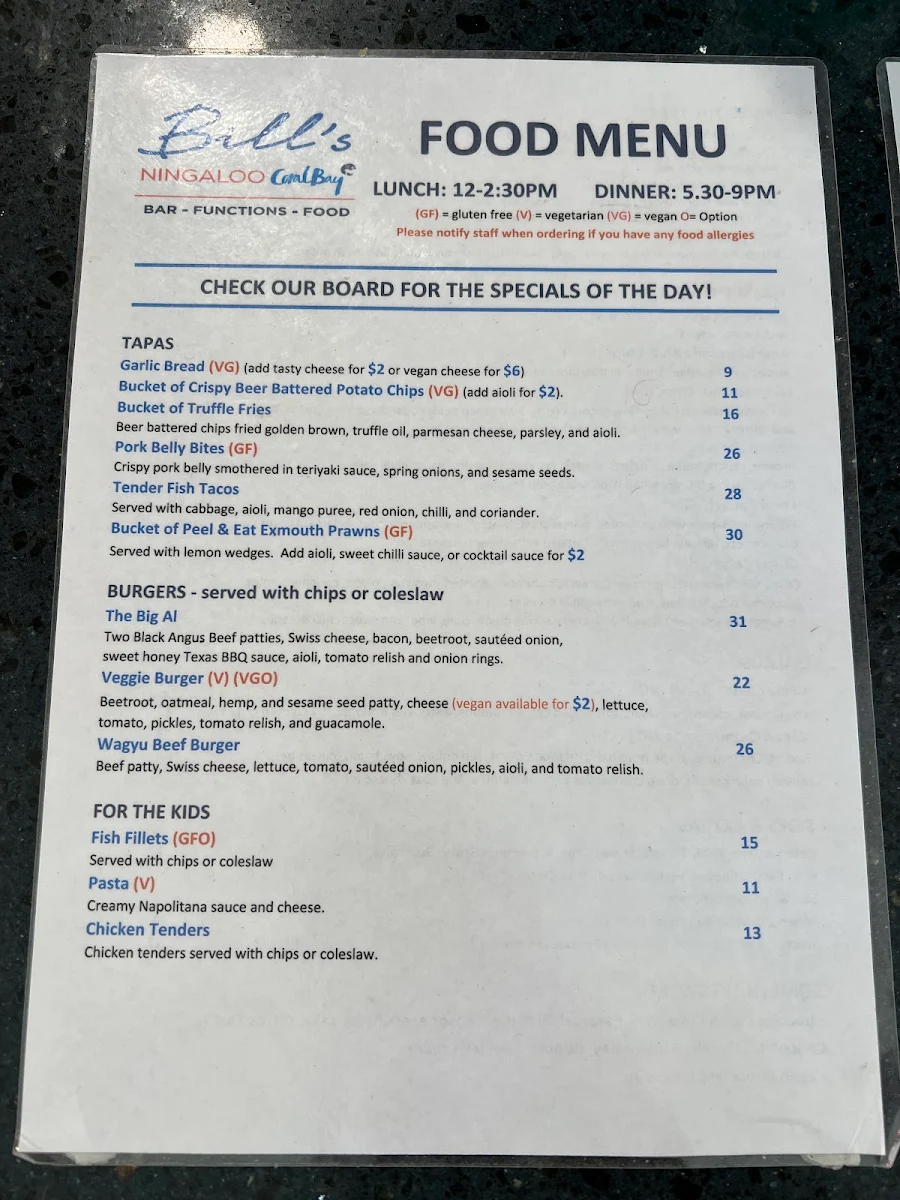 Menu, Bill's Bar