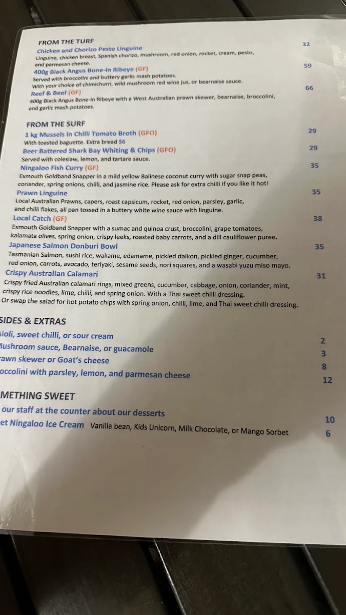 Menu, Bill's Bar