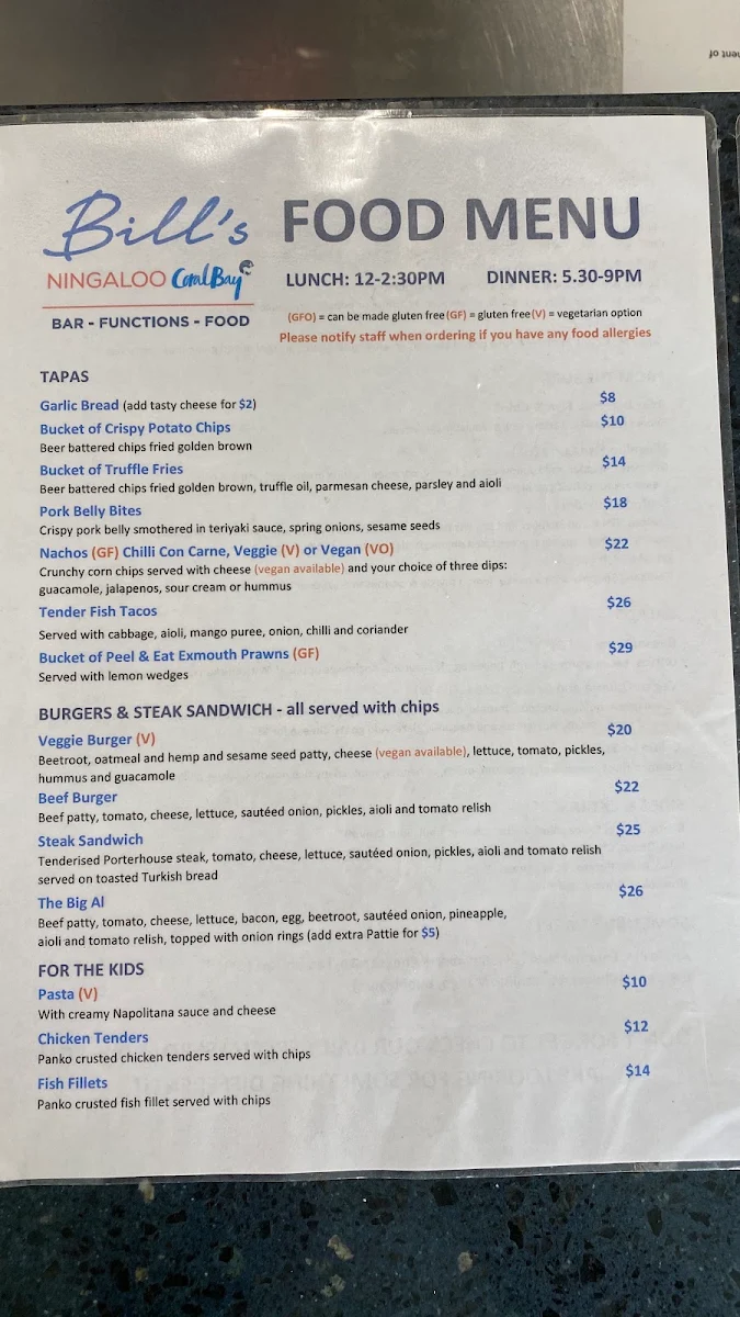 Menu, Bill's Bar