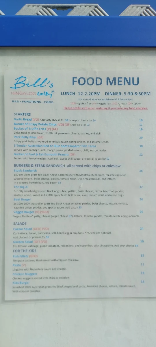Menu, Bill's Bar