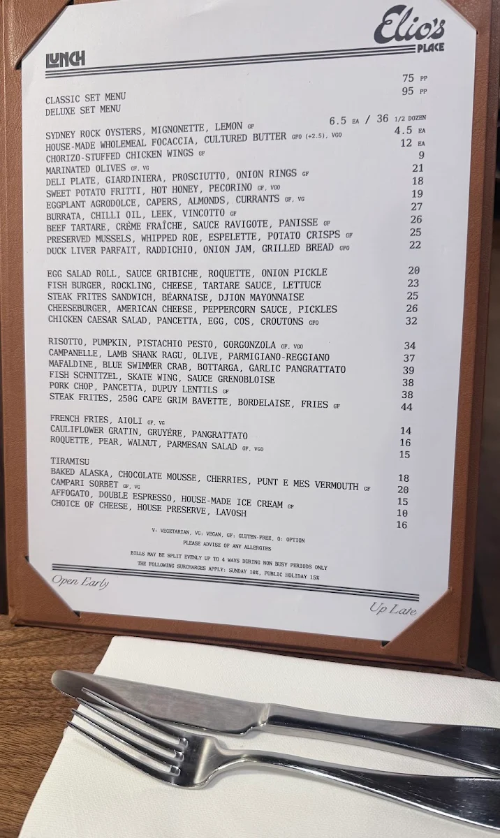 Menu, Elio’s Place