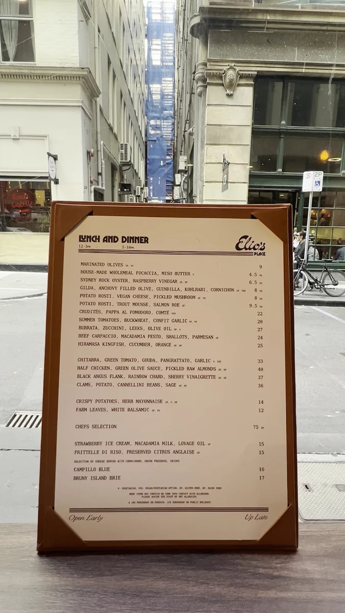 Menu, Elio’s Place