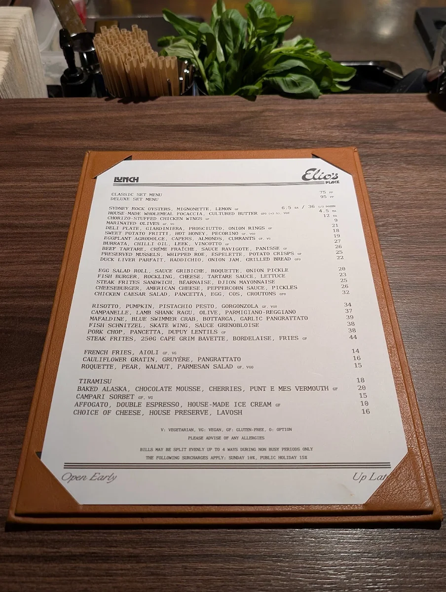 Menu, Elio’s Place