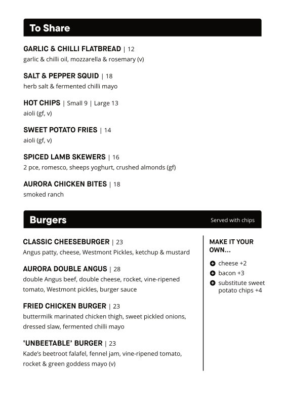 Menu, Aurora Rooftop Hotel