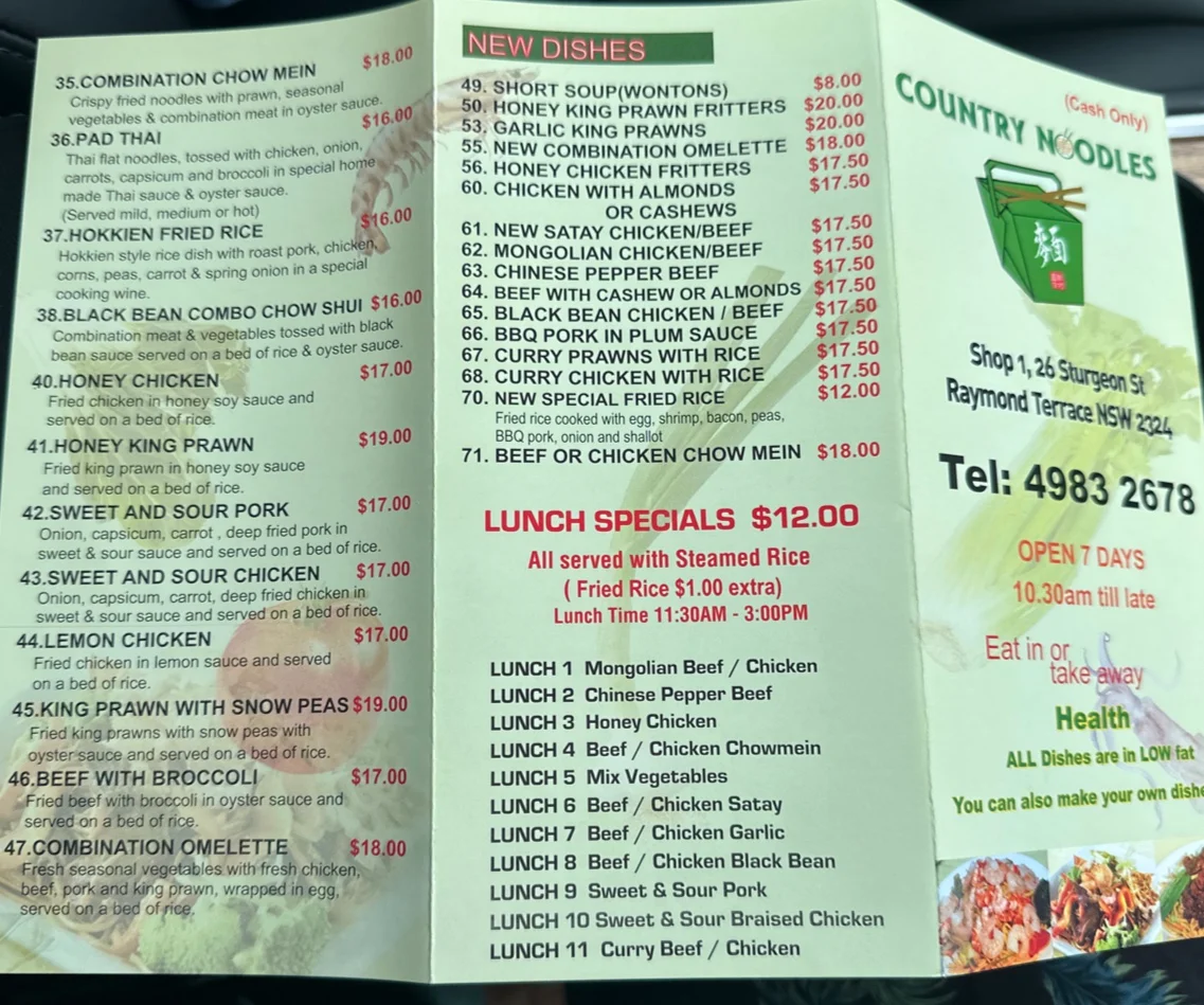 Menu, Country Noodles