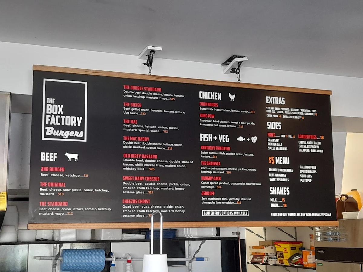 Menu, The Box Factory Burgers