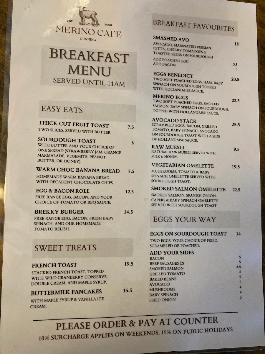 Menu, Merino Cafe
