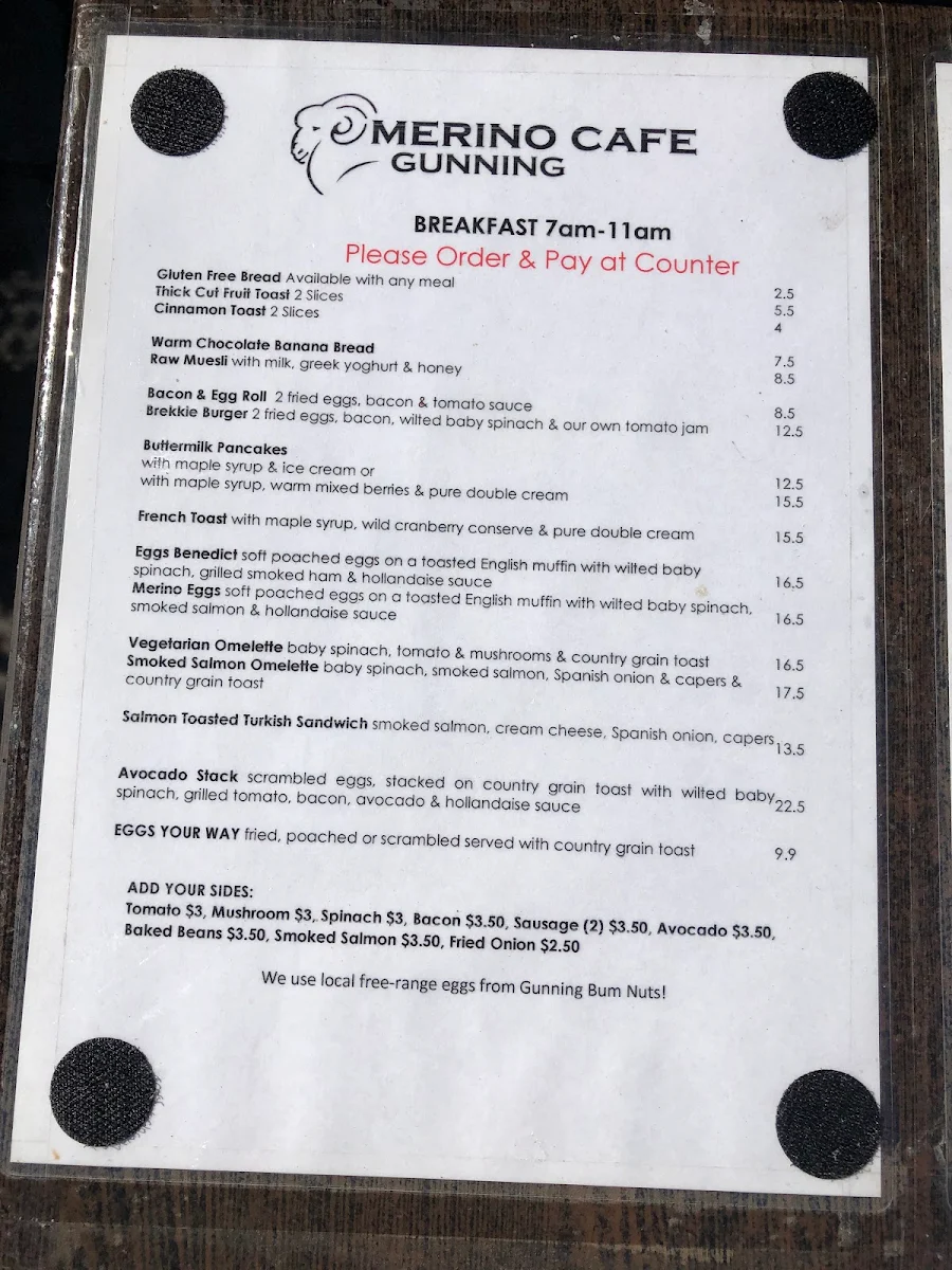 Menu, Merino Cafe