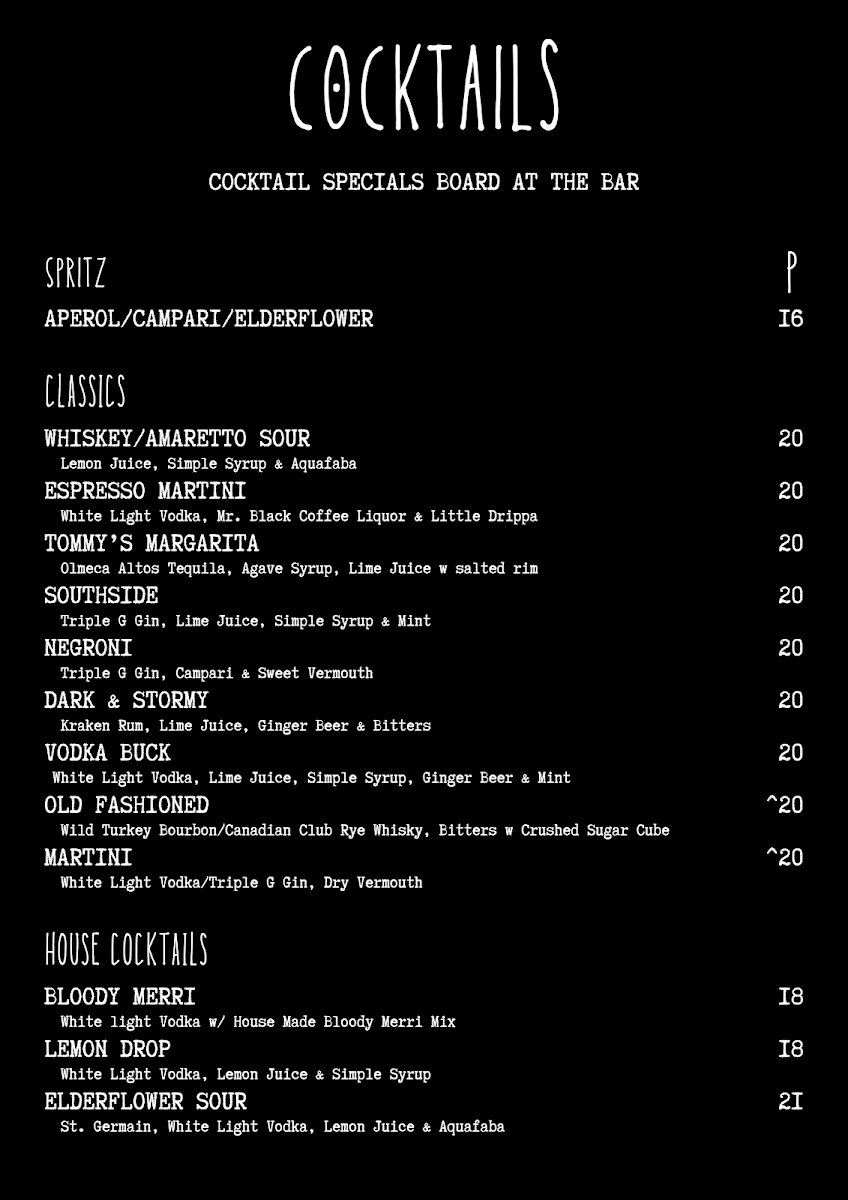 Menu, The Merri Bar