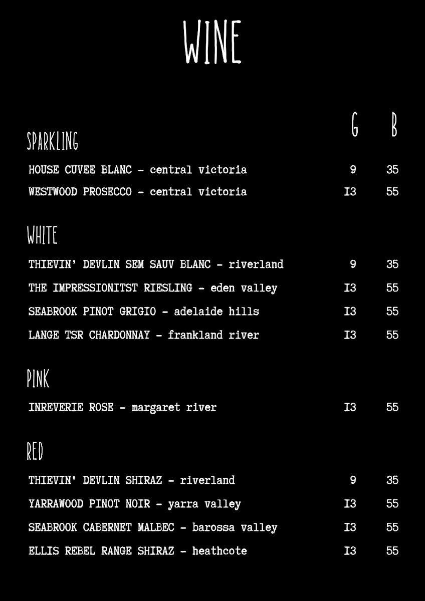 Menu, The Merri Bar