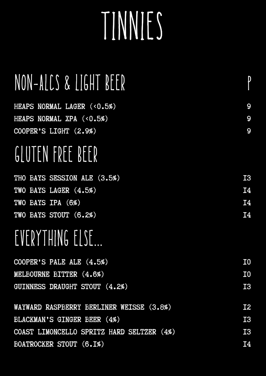 Menu, The Merri Bar