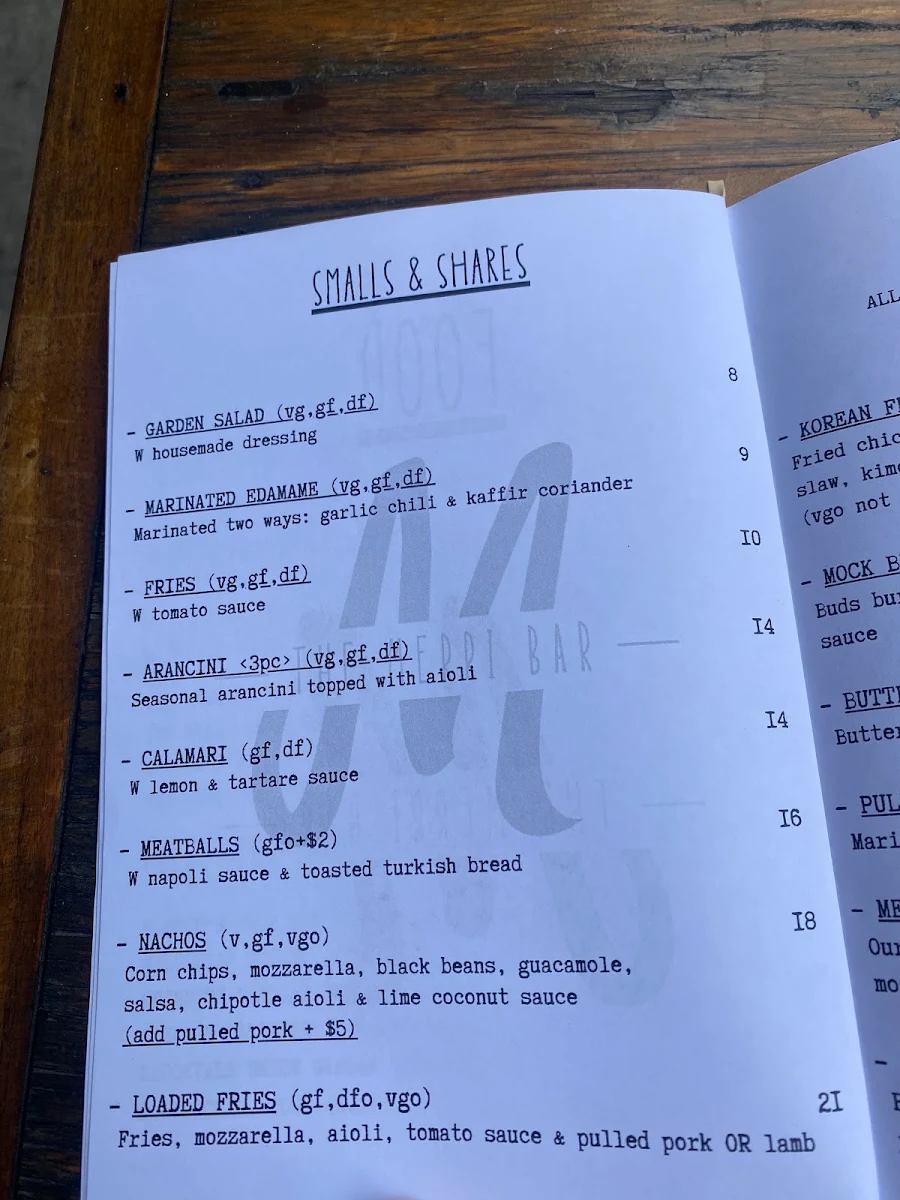Menu, The Merri Bar