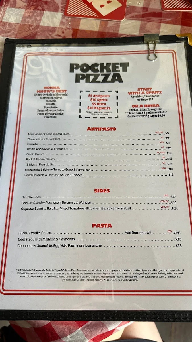 Menu, Pocket Pizza Brookvale