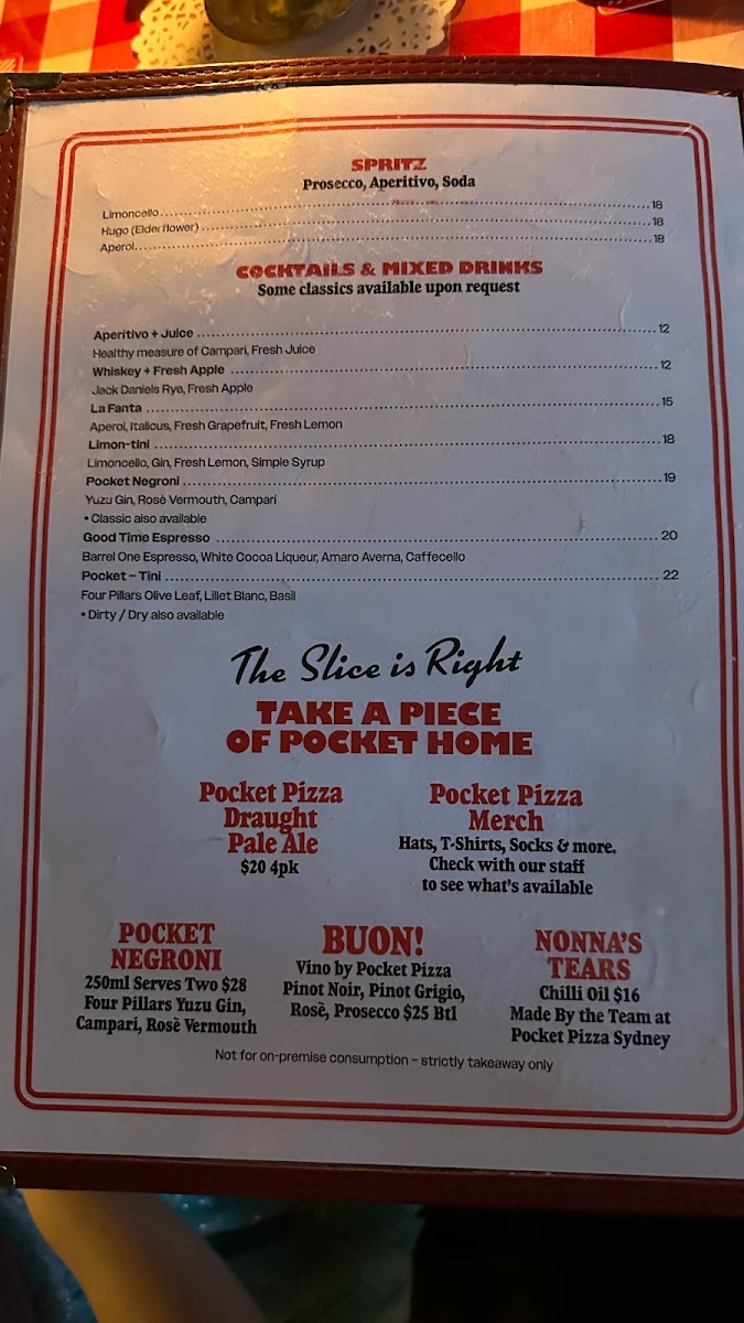 Menu, Pocket Pizza Brookvale