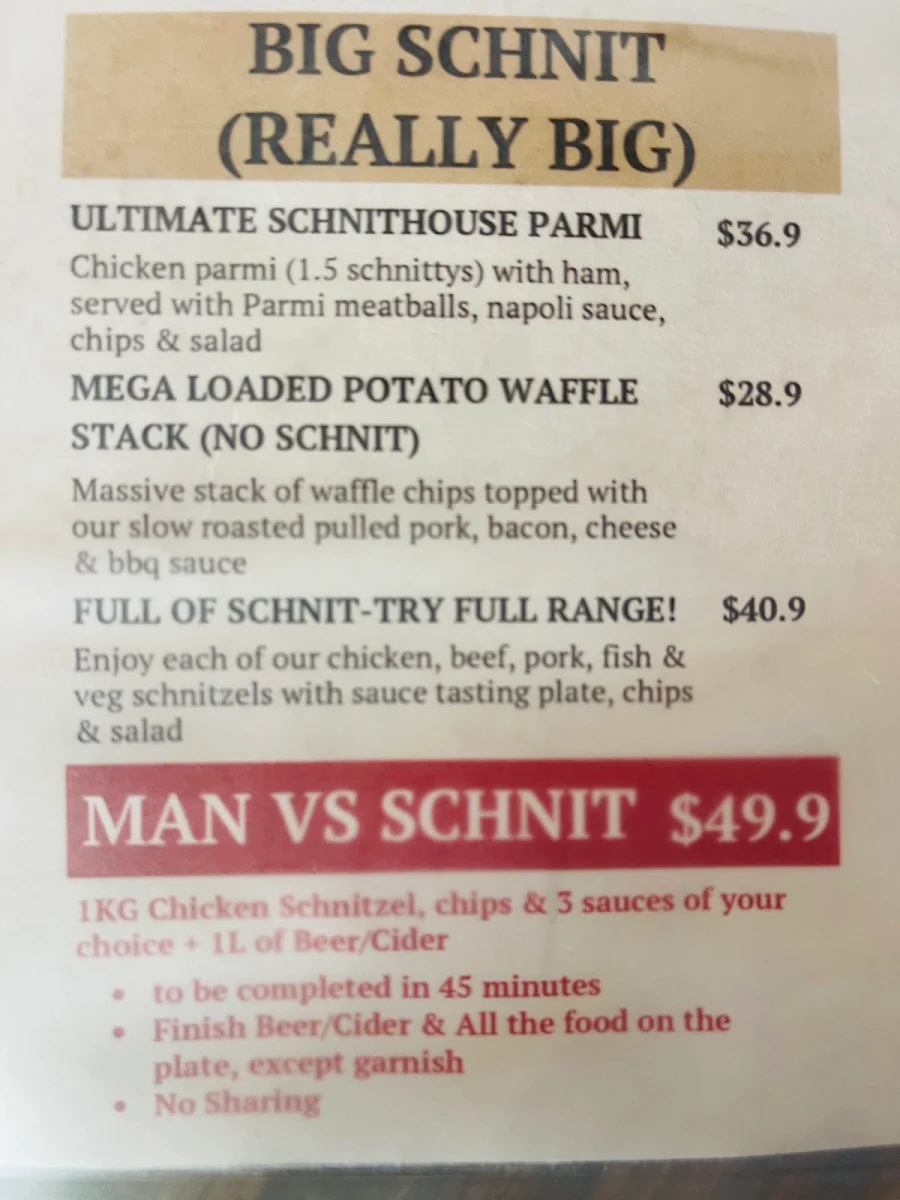 Menu, Schnithouse Port Adelaide