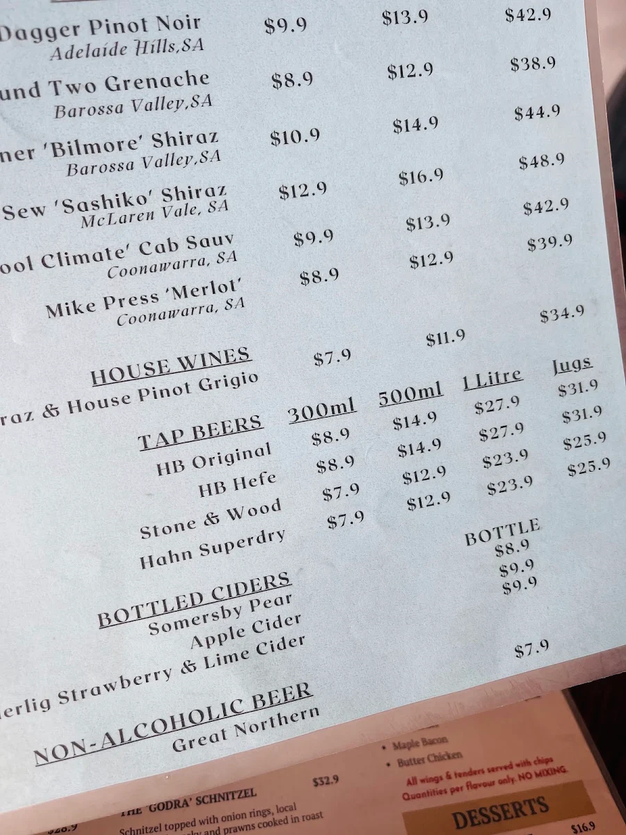 Menu, Schnithouse Port Adelaide