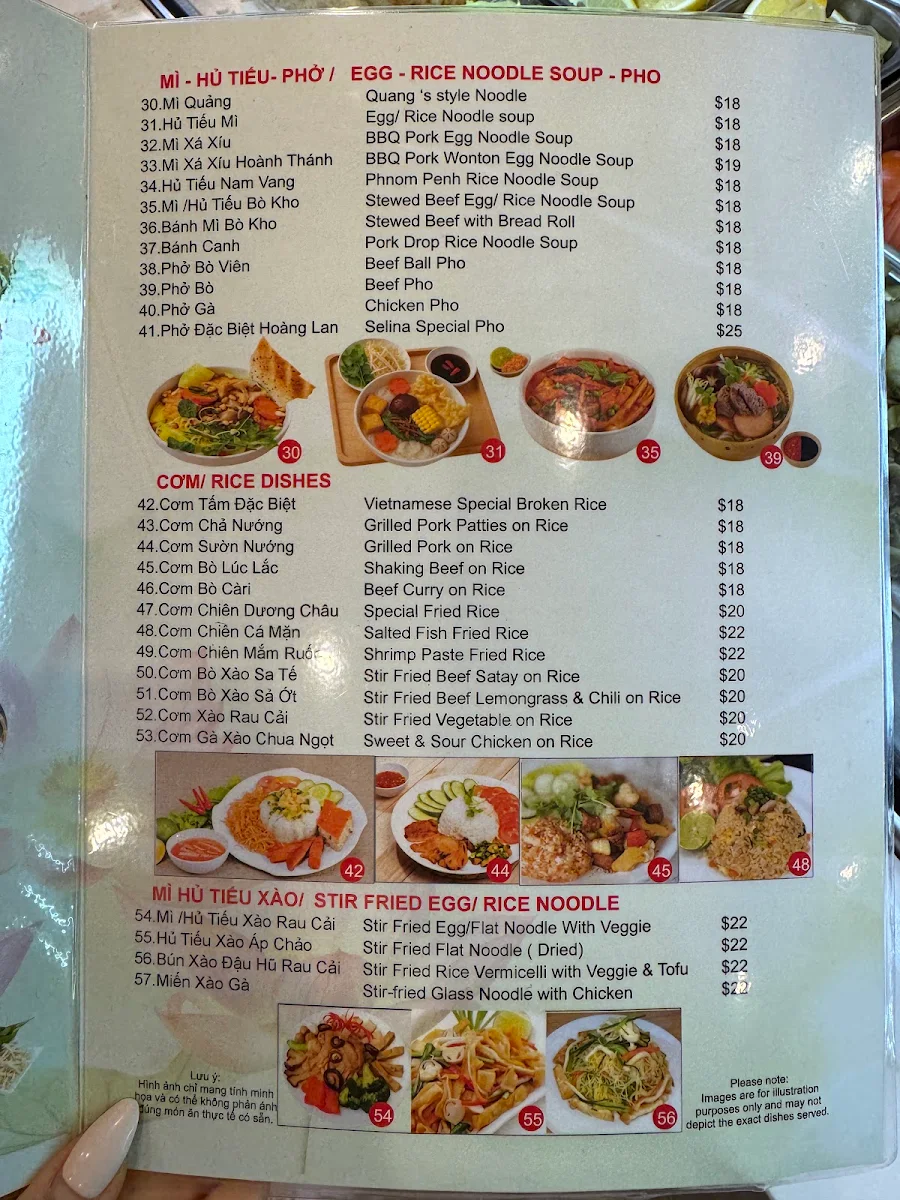 Menu, Selina Hoang Lan Tinh Chay