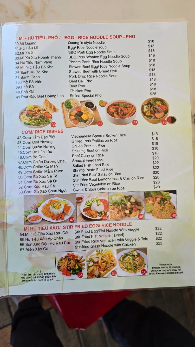 Menu, Selina Hoang Lan Tinh Chay