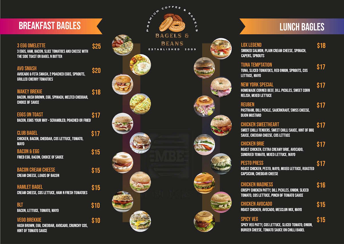 Menu, Bagels & Beans