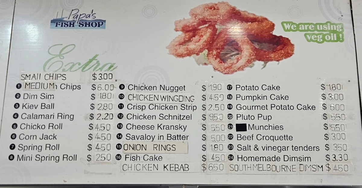 Menu, Papas Fish Shop
