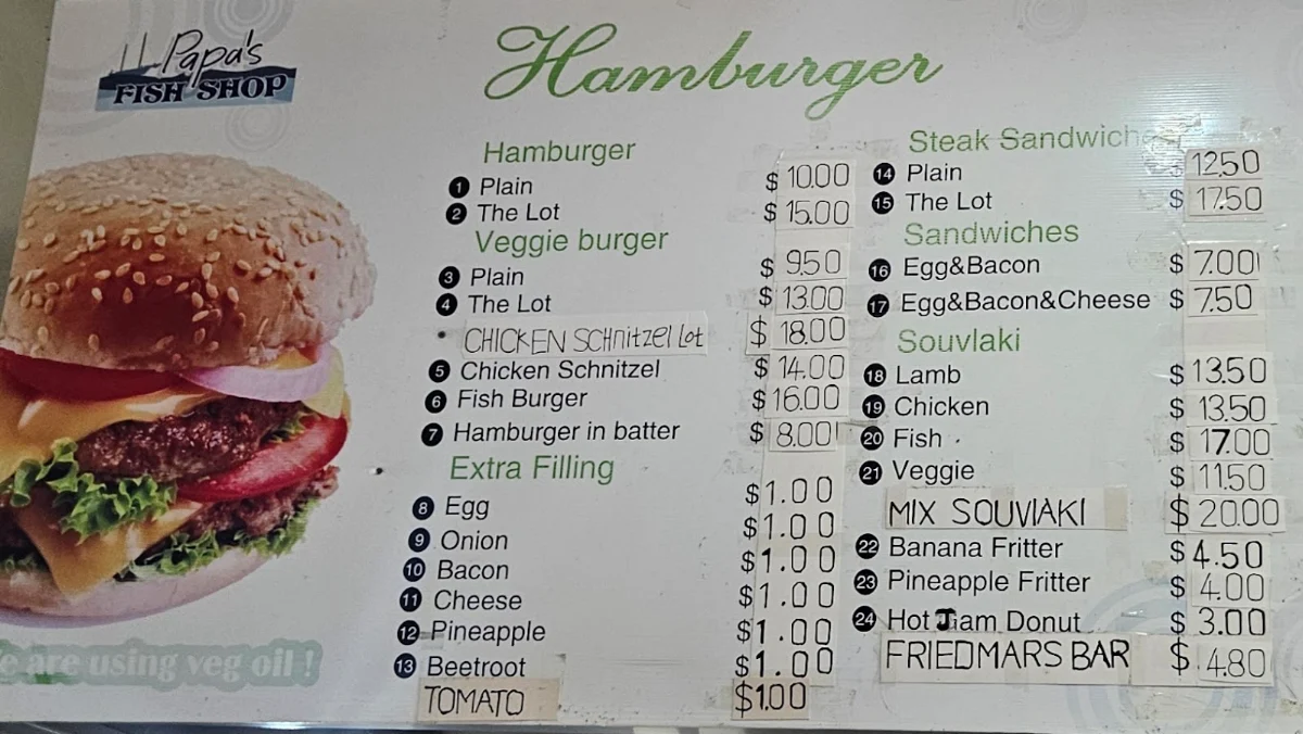 Menu, Papas Fish Shop