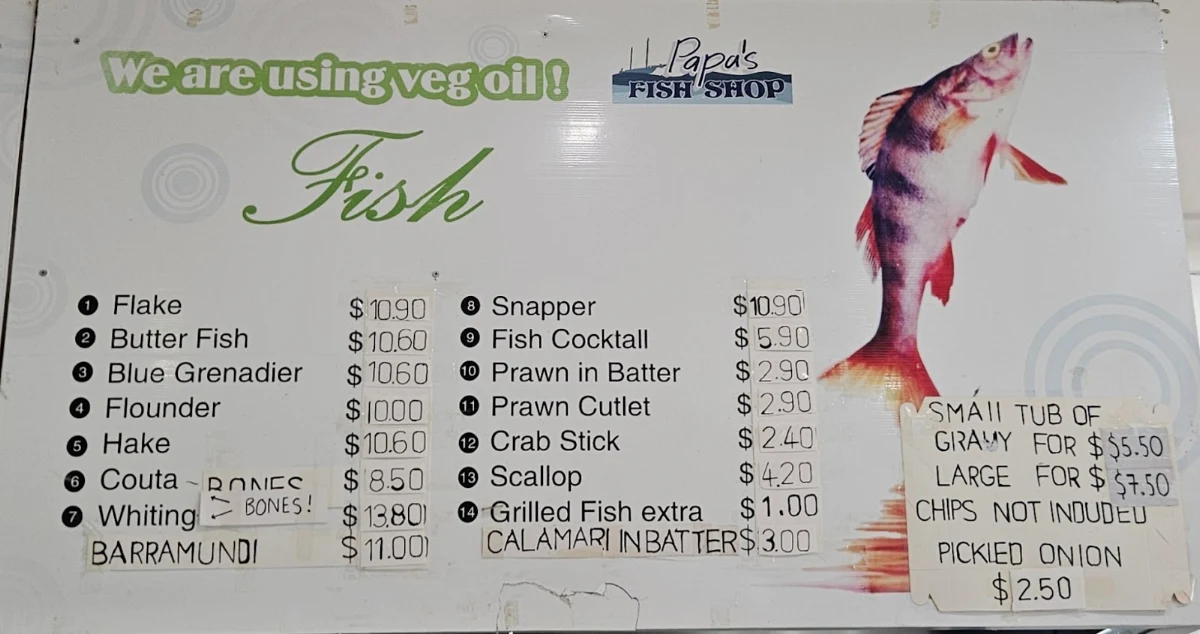 Menu, Papas Fish Shop