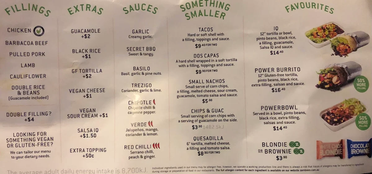 Menu, Zambrero Minchinbury