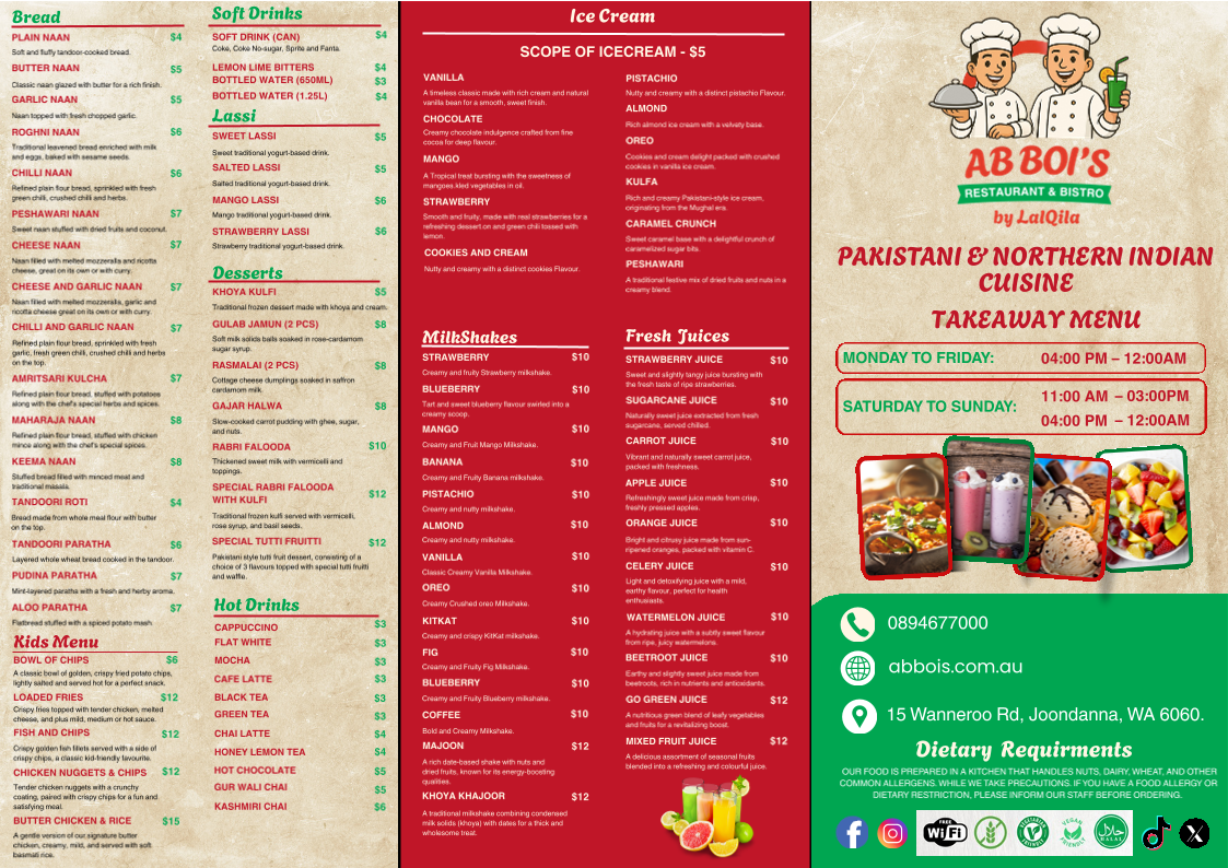 Menu, AB BOI'S Restaurant & Bistro