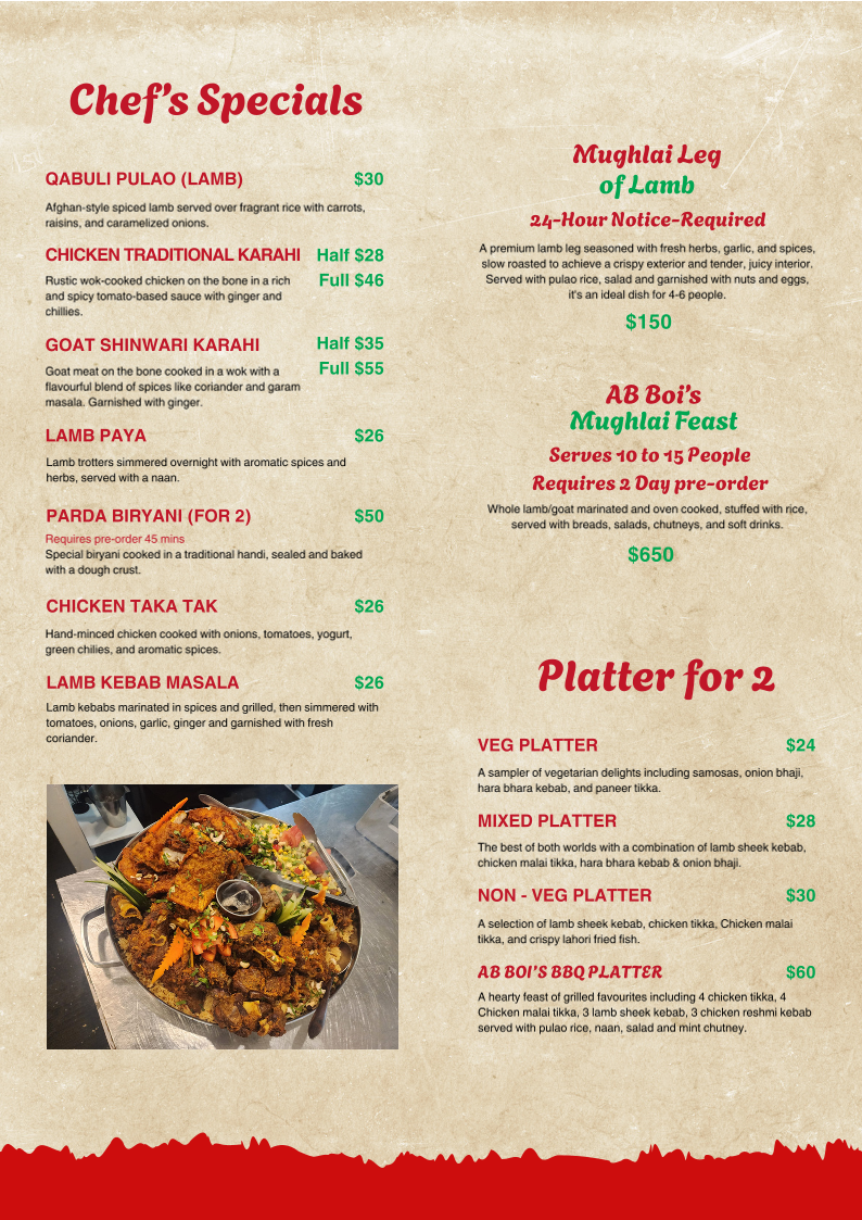Menu, AB BOI'S Restaurant & Bistro