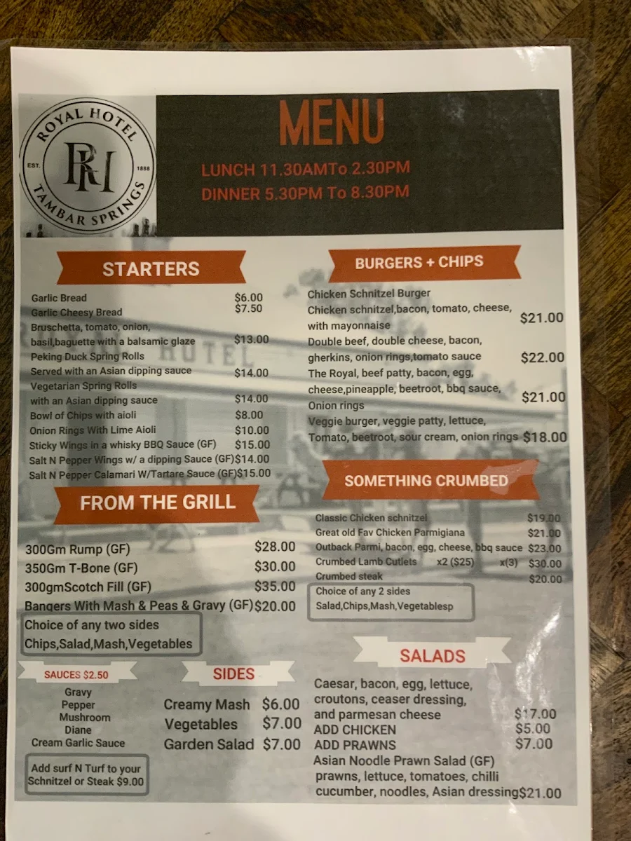 Menu, Royal Hotel