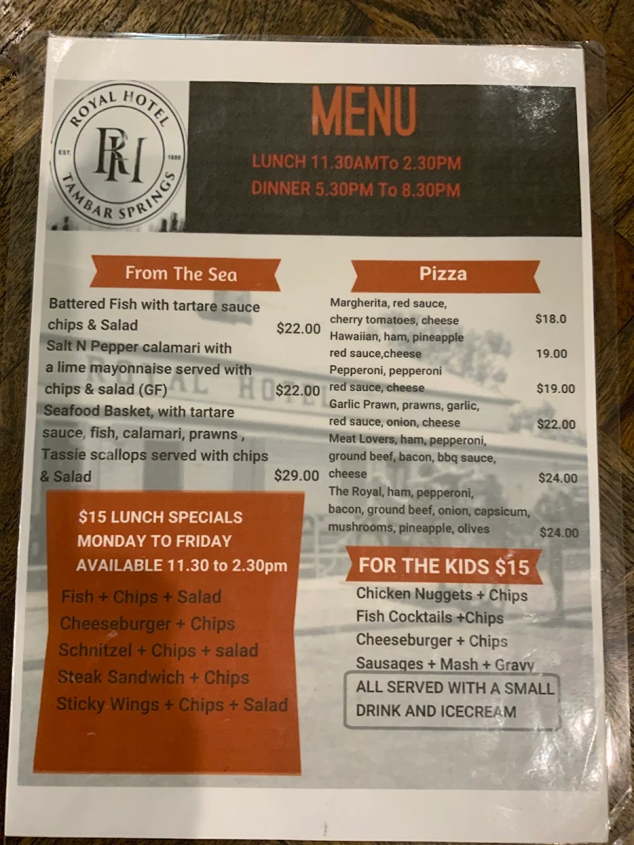 Menu, Royal Hotel
