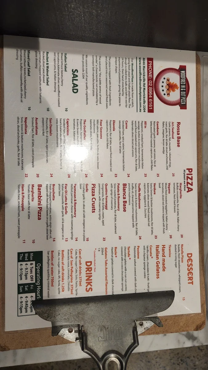 Menu, Woodfired In and Out Pizza