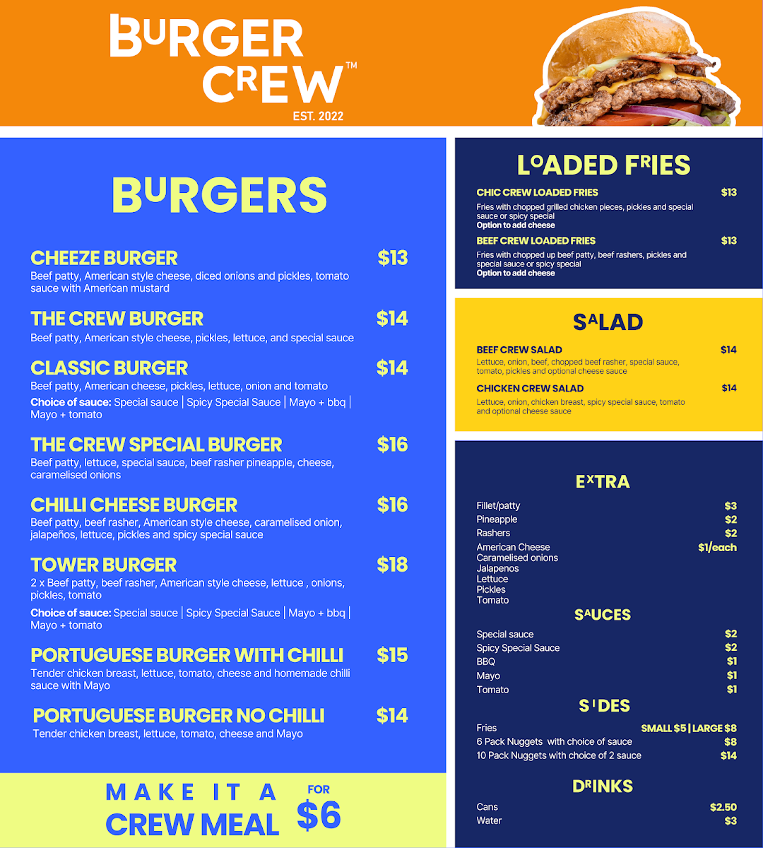 Menu, Burger Crew Burger Truck