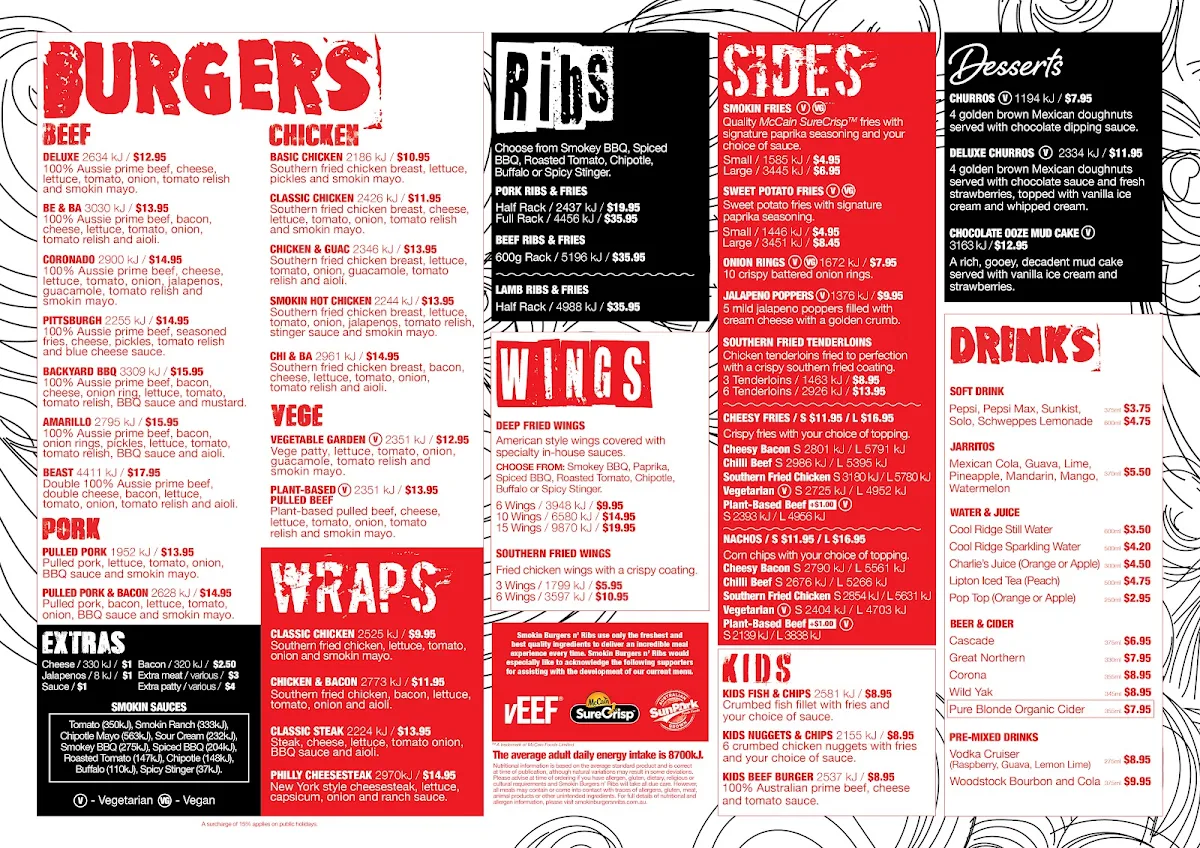 Menu, Smokin Burgers n' Ribs Flagstone