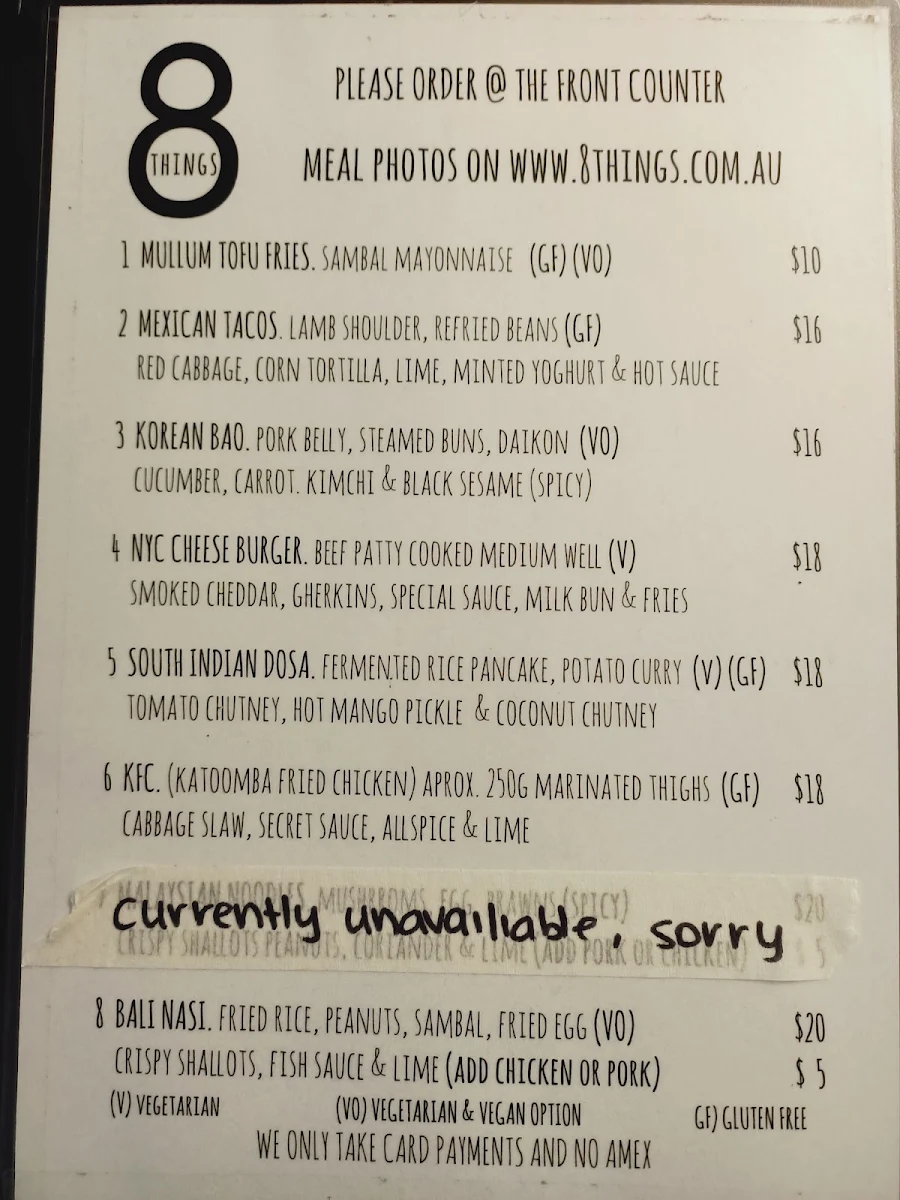 Menu, 8Things Eatery