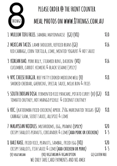 Menu, 8Things Eatery
